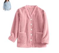 Générique Women Fuzzy Fleece Jacket Pajama Tops V-Neck Button Down Sleepwear Loose at Home Casual Warm Winter Coat with Pockets (Pink,TTG)