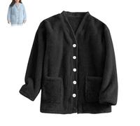 Générique Women Fuzzy Fleece Jacket Pajama Tops V-Neck Button Down Sleepwear Loose at Home Casual Warm Winter Coat with Pockets (Black,TTG)