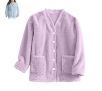 Générique Women Fuzzy Fleece Jacket Pajama Tops V-Neck Button Down Sleepwear Loose at Home Casual Warm Winter Coat with Pockets (Purple,Grand)