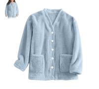 Générique Women Fuzzy Fleece Jacket Pajama Tops V-Neck Button Down Sleepwear Loose at Home Casual Warm Winter Coat with Pockets (Blue,TTG)
