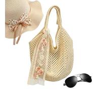 Générique Women Knitted Handbags, Crochet Tote | Boho Hollow Purses With Rose Lace Ribbon | Casual Knitted Beach Tote | Loral Woven Beach Purses For Shopping Travel Dating Sunglasses