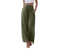 Générique Women Linen Drawstring Palazzo Harem Pants with Pockets，Lightweight Drawstring Elastic Waist Pants，Fit Wide Leg Cropped (Army Green,Grand)