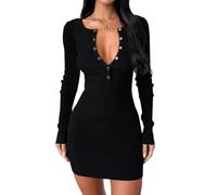 Générique Women Long Sleeve Sweater Dress, Sexy V-Neck Button-Up Bodycon Dress, Autumn and Winter Ribbed Stretch Knit Mini Dresses, for Daily Wear, Work, Date, Club, Cocktail Party (Black,TG)