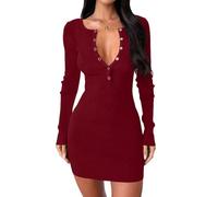 Générique Women Long Sleeve Sweater Dress, Sexy V-Neck Button-Up Bodycon Dress, Autumn and Winter Ribbed Stretch Knit Mini Dresses, for Daily Wear, Work, Date, Club, Cocktail Party (Red,M)