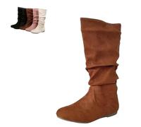 Générique Women Round Toe Slouch Vegan Comfy Flat Mid Calf Tall Faux Suede Leather Boots Slouchy Pull on Round Toe Knight Riding Shoes (Brown,39)