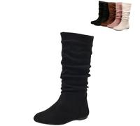 Générique Women Round Toe Slouch Vegan Comfy Flat Mid Calf Tall Faux Suede Leather Boots Slouchy Pull on Round Toe Knight Riding Shoes (Black,43)