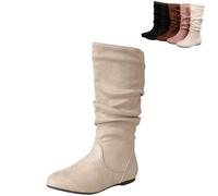 Générique Women Round Toe Slouch Vegan Comfy Flat Mid Calf Tall Faux Suede Leather Boots Slouchy Pull on Round Toe Knight Riding Shoes (White,38)