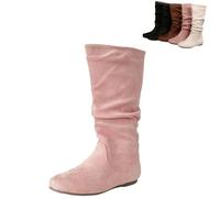 Générique Women Round Toe Slouch Vegan Comfy Flat Mid Calf Tall Faux Suede Leather Boots Slouchy Pull on Round Toe Knight Riding Shoes (Pink,39)