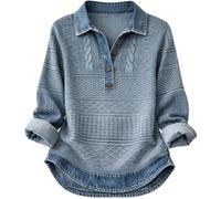 Générique Women’s Collared Cotton Sweater with Buttons, Vintage Denim Patchwork Pullover, Long Sleeve Waffle Knit Casual Top(XL)