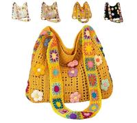Générique Women’s Crochet Ethnic Shoulder Bag, Boho Crochet Bag, Boho Crochets Beach Bag With Cute Flower, Ethnic Embroidery Handbag (Yellow)
