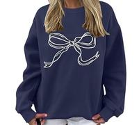 Générique Women’s Fall Sweatshirts Oversized Crewneck Bow Graphic Long Sleeve Sweatshirt Drop Shoulder Pullover Sweatshirt (Dark Blue,3TG)