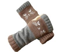 Générique Women’s Knitted Fingerless Cat Gloves - Embroidered Cat Pattern Wrist Warmers, Soft Stretchy Knit Gloves Warm Glove (Brown2)