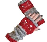 Générique Women’s Knitted Fingerless Cat Gloves - Embroidered Cat Pattern Wrist Warmers, Soft Stretchy Knit Gloves Warm Glove (Red)