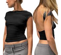 Générique Women Sexy Backless Short Sleeve Crop Tops Solid Color Slim Fit Crewneck Summer Casual Y2K Crop Tee (Noir, M)