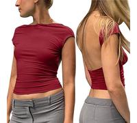 Générique Women Sexy Backless Short Sleeve Crop Tops Solid Color Slim Fit Crewneck Summer Casual Y2K Crop Tee (Vin, S)