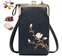 Générique Women Sling Cross-Body Wallet with Mobile Cell Phone Holder, Embroidery Cell Phone Handbags with Card Slots (Black 1)
