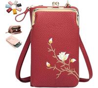 Générique Women Sling Cross-Body Wallet with Mobile Cell Phone Holder, Embroidery Cell Phone Handbags with Card Slots (Red 1)