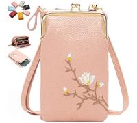 Générique Women Sling Cross-Body Wallet with Mobile Cell Phone Holder, Embroidery Cell Phone Handbags with Card Slots (Light Pink 1)