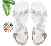 Générique Women Sparkly Rhinestones Butterfly Flat Sandals with Ankle Strap, Elegant Comfortable Glitter Open Toe Flat Shoes (White,36)