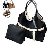 Générique Women Suede Tote Faux Lamb Wool Lined with Compartments, Vintage Large Capacity Soft Plush Bag Adjust Shoulder Straps (Black)