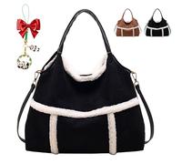 Générique Women Suede Tote With Faux Lamb Wool Lined, Vintage Lamb Wool Lined Shoulder Bag, Vintage Large Capacity Plush Shoulder Bag (Black)
