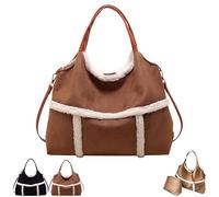 Générique Women Suede Tote with Faux Lamb Wool Lined, Vintage Large Capacity Plush Shoulder Bag, for Work Travel and Daily Use (Brown)