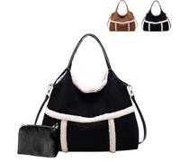 Générique Women Suede Tote With Faux Lamb Wool Lined,Vintage Large Capacity Shoulder Bag Top Handle Handbag for Work and Travel (Black,15.7in x 3.9in x 12.2in)