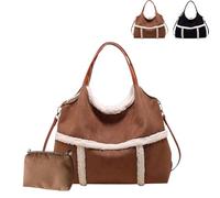 Générique Women Suede Tote With Faux Lamb Wool Lined,Vintage Large Capacity Shoulder Bag Top Handle Handbag for Work and Travel (Brown,15.7in x 3.9in x 12.2in)