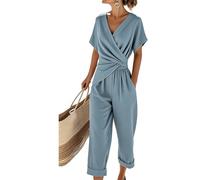 Générique Women V Neck 2 Piece Set Irregular Wrap Short Sleeve Top Cropped Pants with Pockets Twist Waist Loose Casual Summer Outfit