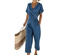 Générique Women V Neck 2 Piece Set Irregular Wrap Short Sleeve Top Cropped Pants with Pockets Twist Waist Loose Casual Summer Outfit