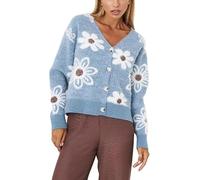 Générique Women V Neck Floral Furry Crop Cardigan Knitted Button Down Cashmere Sweater Fall Outfits (Blue,M)