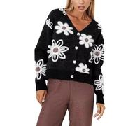 Générique Women V Neck Floral Furry Crop Cardigan Knitted Button Down Cashmere Sweater Fall Outfits (Black,S)