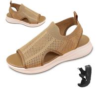 Générique Women Wide Fit Sandals Comfortable Orthopedic Platform Walking Sport Slides with Arch Support Breathable Mesh Shoes (Khaki,36)