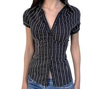 Générique Women Y2k Short Sleeve Button Shirt Puff Short Sleeve V Neck Slim Fitted Shirt Fitted Going Out Blouse (1PCS/A,M)