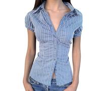 Générique Women Y2k Short Sleeve Button Shirt Puff Short Sleeve V Neck Slim Fitted Shirt Fitted Going Out Blouse (1PCS/B,S)