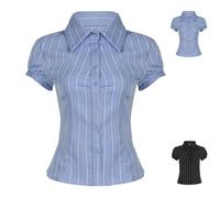 Générique Women Y2k Short Sleeve Button Up Shirt Slim Fit V Neck Collared Crop Top Vintage 90s Coquette Blouse Top (Blue,Grand)