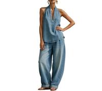 Générique Women's 2 Piece Denim Set Sleeveless V Neck Halter Vest Top Wide Leg Barrel Jeans Elastic Waist Jean Sets Summer Casual Outfits (Blue, XL)