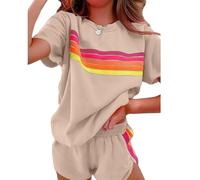 Générique Womens 2 Piece Short Sets Outfits Lounge Tracksuits Sleeve Tops Elastic Shorts Casual Rainbow Striped Crewneck Short (khaki,L)