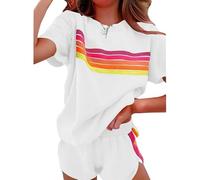 Générique Womens 2 Piece Short Sets Outfits Lounge Tracksuits Sleeve Tops Elastic Shorts Casual Rainbow Striped Crewneck Short (white,XXL)