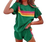 Générique Womens 2 Piece Short Sets Outfits Lounge Tracksuits Sleeve Tops Elastic Shorts Casual Rainbow Striped Crewneck Short (green,M)