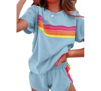 Générique Womens 2 Piece Short Sets Outfits Lounge Tracksuits Sleeve Tops Elastic Shorts Casual Rainbow Striped Crewneck Short (blue,XXL)