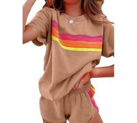 Générique Womens 2 Piece Short Sets Outfits Lounge Tracksuits Sleeve Tops Elastic Shorts Casual Rainbow Striped Crewneck Short (brown,L)