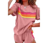 Générique Womens 2 Piece Short Sets Outfits Lounge Tracksuits Sleeve Tops Elastic Shorts Casual Rainbow Striped Crewneck Short (pink,L)