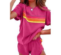 Générique Womens 2 Piece Short Sets Outfits Lounge Tracksuits Sleeve Tops Elastic Shorts Casual Rainbow Striped Crewneck Short (red,M)
