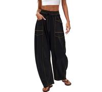 Générique Womens Baggy Barrel Pants Wide Leg Lounge Drawstring Sweatpants with Pockets Summer Casual Beach Trousers (Black,Grand)