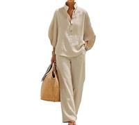 Générique Women's Batwing Sleeve Linen Cotton Two Piece Set, Button Down & Wide Leg Pants Outfit, Casual Beach Vacation Tracksuit (Sand,L)