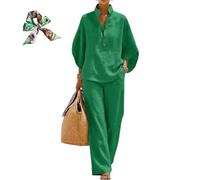 Générique Women's Batwing Sleeve Linen Cotton Two Piece Set - Casual Shirt and Wide Leg Pants Outfit (Green, Large)
