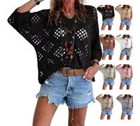 Générique Women's Bohemian-Inspired Beige Crochet Top with V-Neck Handmade Crochet V-Neck Boho Top 3/4 Sleeve Hollow Blouse (Black,5TG)