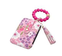 Générique Women's Boho Beaded Wallet, Women Boho Style Beaded & Tassel Decorated Keychain, Wristlet Keychain with Flower Pattern(Rose Red)