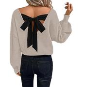 Générique Womens Bow Back Sweater Sexy V Neck Chunky Knit Sweaters,Women's Bow Tie Back Sweater,Casual Long Sleeve V Neck Loose Fit Knit Tops,Backless Bow Tied Sweaters V Neck (Apricot,M)